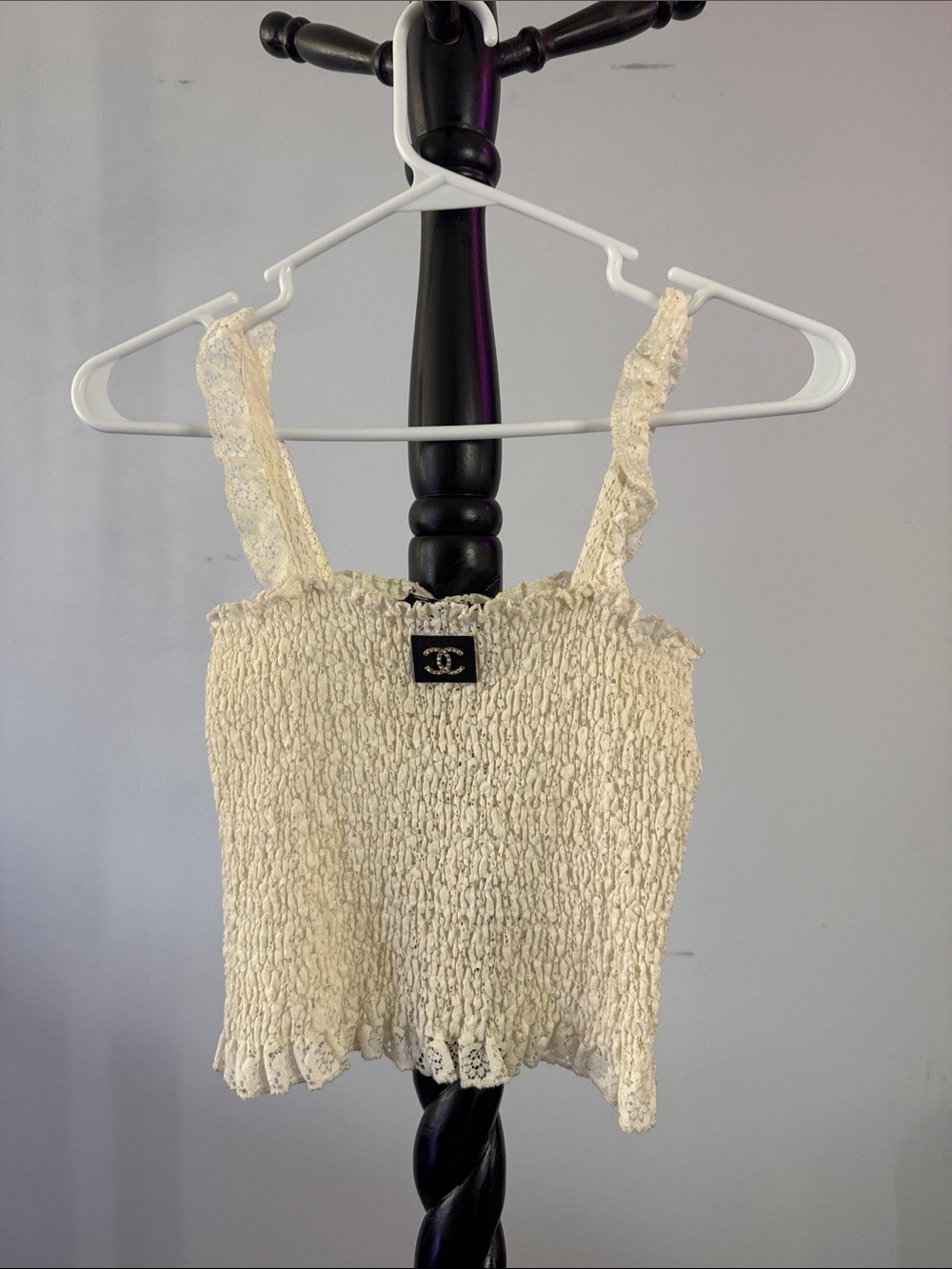 CHANEL Cream Smocked Lace-Trim Camisole Top 21.T